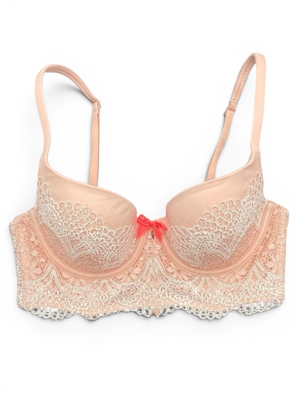 VICTORIA SECRET Peach Lace Longline Bra with Coral Accent 34B